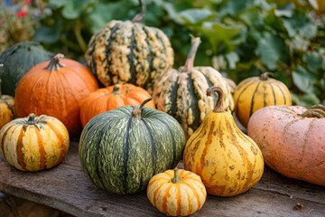 A vibrant assortment of various pumpkins and gourds displayed on a rustic wooden surface, showcasing a rich tapestry of colors and textures.