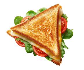 Close-up of a golden-brown, triangular grilled cheese sandwich. Topped with melted cheese, sliced tomatoes, and spinach leaves