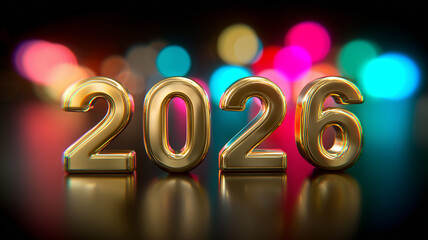 A luminous 2026 numeral display with party bokeh reflections conveying a New Year countdown scene and the concept of celebration optimism and fresh beginnings.
