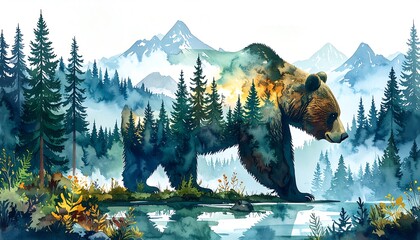 Majestic Brown Bear in Watercolor Forest Landscape with Misty Mountains