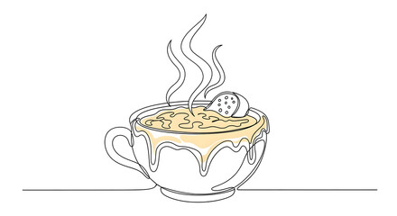 Minimalist one-line art illustration of a bowl of French onion soup, with detailed steam rising and a cheesy crust with a crispy crouton. Hand-drawn style, clean outline, vector design for a culinary 
