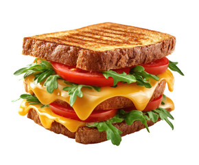 Grilled cheese sandwich, layered with melted cheese, sliced tomatoes, and arugula.  A close-up, isolated view of a delicious-looking sandwich.  Crispy toasted bread, showcasing grill marks