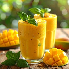 Two glasses of vibrant mango smoothie