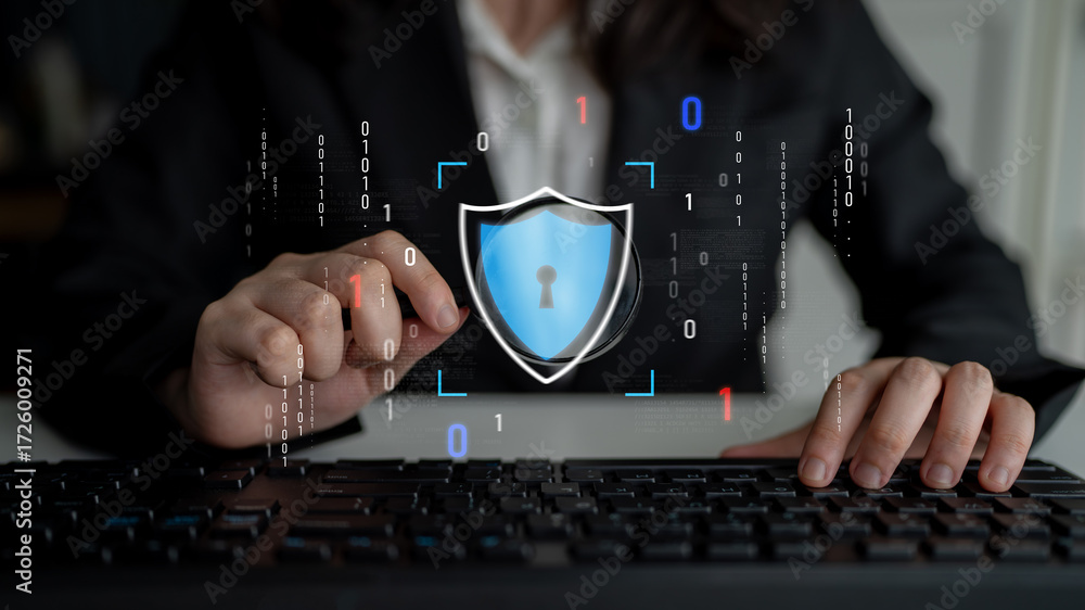 Poster cyber security protects against breaches, hacks, and network attacks using strong infrastructure and