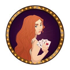 A charming round vector illustration of a red-haired girl thoughtfully holding playing cards. This whimsical graphic is perfect for gaming projects and creative social media posts.