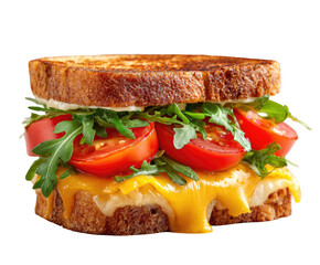 Grilled cheese sandwich with melted cheese, sliced tomatoes, and arugula.  Melted cheese drips down the sides of the toasted bread