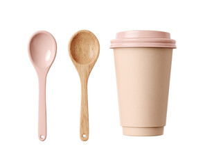 A pastel pink coffee cup with a lid and two matching spoons, one ceramic and one wooden