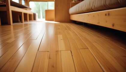 Wooden floor in a cozy interior with natural light and a bed frame.