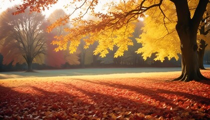 Autumn landscape with vibrant foliage and sunlight casting long shadows.