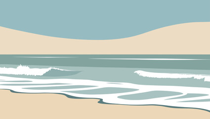 Minimalist beach scene with gentle waves and sand dunes