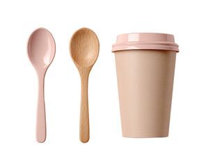 Two spoons and a cup in pastel pink and light brown