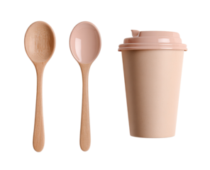 Two wooden spoons and a pale peach-colored coffee cup