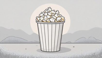 Buttery Popcorn in Striped Carton Against Desert Landscape