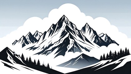 Stylized mountainous landscape in black and white, with low lying clouds and snow peaks