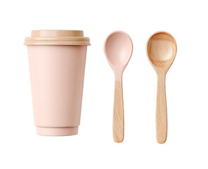 Light pink disposable coffee cup, alongside two wooden spoons