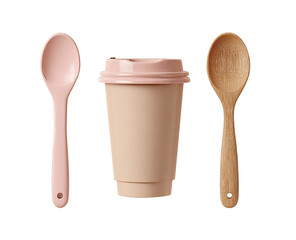 Pink and light beige disposable coffee cup, two spoons