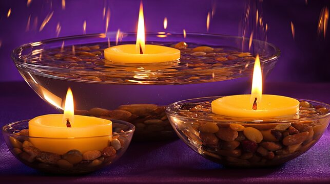 Tranquil Floating Candles in Glass Bowls on Purple Background