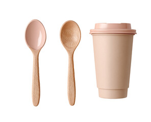 Two light-pink wooden spoons and a matching cup