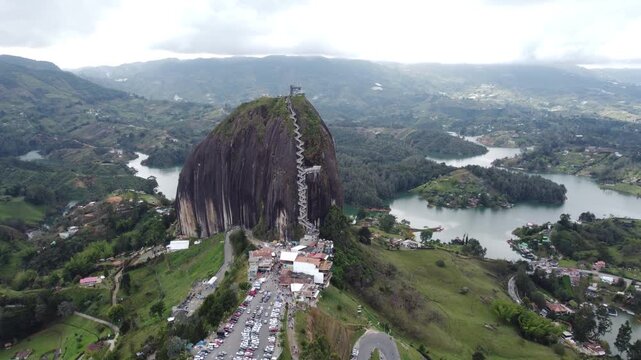 Medell&iacute;n, Colombia, aerial view of Guatap&eacute; lake from the Rock. Stone, stairs (La Piedra del Pe&ntilde;ol), daytime, drone, 4K, tourism destination