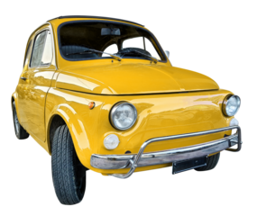 Old vintage orange microcar, isolated on transparent background.