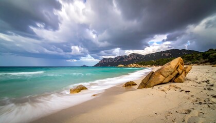 Dramatic beach scene under stormy clouds