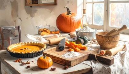 Rustic kitchen vibes – chopping pumpkins, baking pie, autumn cooking ingredients.