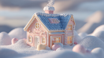 Whimsical cottage in a snowy landscape resembling a sweet holiday retreat symbolizing comfort fantasy and childlike wonder.
