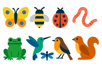 Bold Garden Wildlife Icons. Flat vector icons of garden wildlife: butterfly, bee, ladybird, earthworm, frog, hummingbird,
