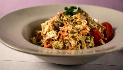 Fresh salad of shredded cabbage, carrots, meat, & herb garnish in bowl with tomatoes