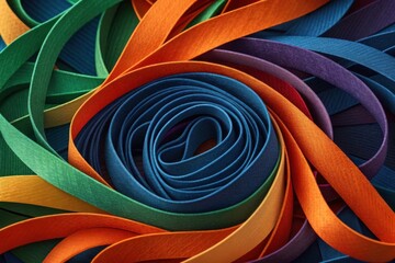 Colorful elastic ribbons coiled together, creating a vibrant and textured pattern