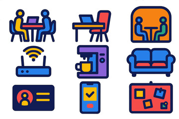 Modern Co-working Icons. Flat vector icons of co-working spaces: shared desk, hot desk, meeting pod; Wi-Fi router, coffee machine,