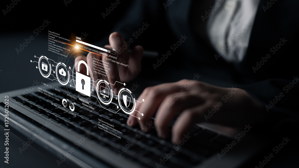 Poster cyber security protects against breaches, hacks, and network attacks using strong infrastructure and