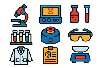 Modern Forensics Icons. Flat vector icons of forensics lab: microscope, DNA analyzer, chemical vial, test tube rack, centrifuge,