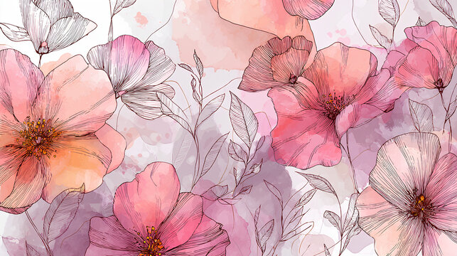 Fototapeta Watercolor floral wallpaper with pink blossoms and outlines. Delicate hand-drawn mural with soft pink flowers and leaves. Abstract botanical illustration with pastel flowers and line art.