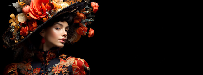 Portrait of young beautiful woman wearing stylish vintage hat decorated with bright autumn flowers on black uniform background showing artistic creative style of autumn fashion. Banner with copy space