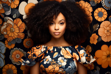 Portrait of a young African American woman with voluminous black curly hair in a floral dress against a patterned background with autumn orange flowers. The model is looking straight into the camera.