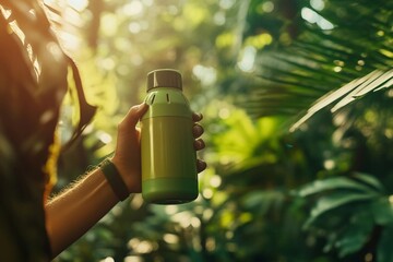 Hiker with reusable water bottle outdoors