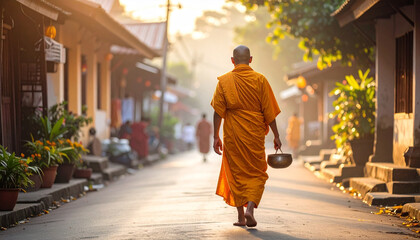 Theravada Monk Alms Round . Religion concept. Generated Image