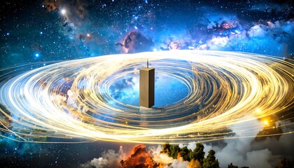 Rectangular building surrounded by glowing light rings and cosmic background