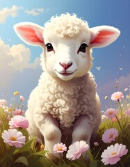 Cute lamb in a field of flowers