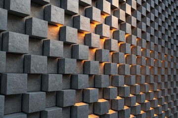 Abstract architectural wall with cubic pattern and warm light in the gaps