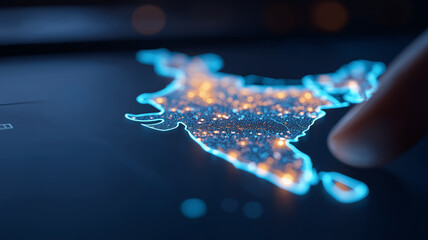 Interactive digital map of India on a touchscreen highlighting connected cities and data hubs, representing national connectivity and real time analytics for infrastructure planning and network strate
