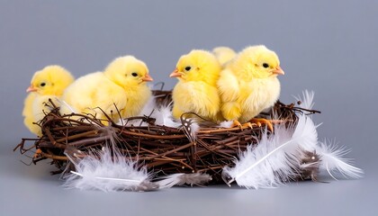 Four fluffy yellow chicks in a nest