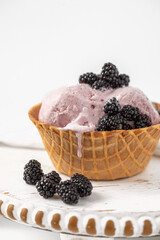 Close Up of Blackberry Ice Cream in a Waffle Bowl on a White Background, a Drip Going Down the Side of the Cone,, Room for Text
