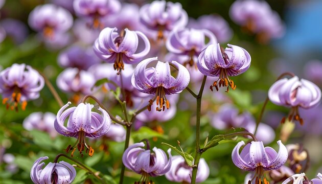 A cluster of pale pink lilies with recurved petals and orange stamens, in bright sunlight