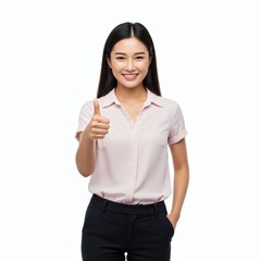 Positive and confident young Asian businesswoman giving a thumbs up sign, expressing success and satisfaction