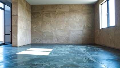 Empty room, tile wall, reflective gray floor, sunlight from windows/sliding glass door
