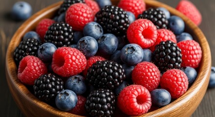 A Rustic Wooden Bowl Brimming with a Vibrant, Jewel-Toned Medley of Fresh Summer Berries.