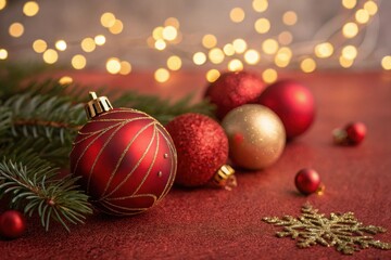 Christmas ornaments and fir branch on red surface with bokeh lights, holiday