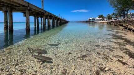 Crystal-clear shallows reveal playful sharks beneath a wooden pier, showcasing a vibrant tropical scene.